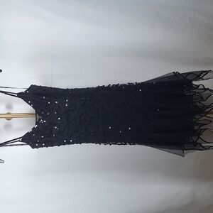 Betsey Johnson Black Sequin Mesh Flutter Spaghetti Strap‎ Midi Evening Dress SZ4